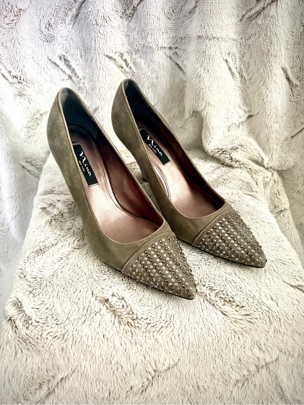 Nina Gray Suede Studded Pointed Toe Pumps